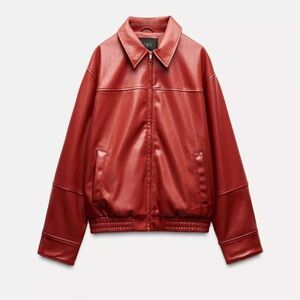 NWOT Red Orange tone Zara Faux Leather Bomber Jacket SZ Medium.